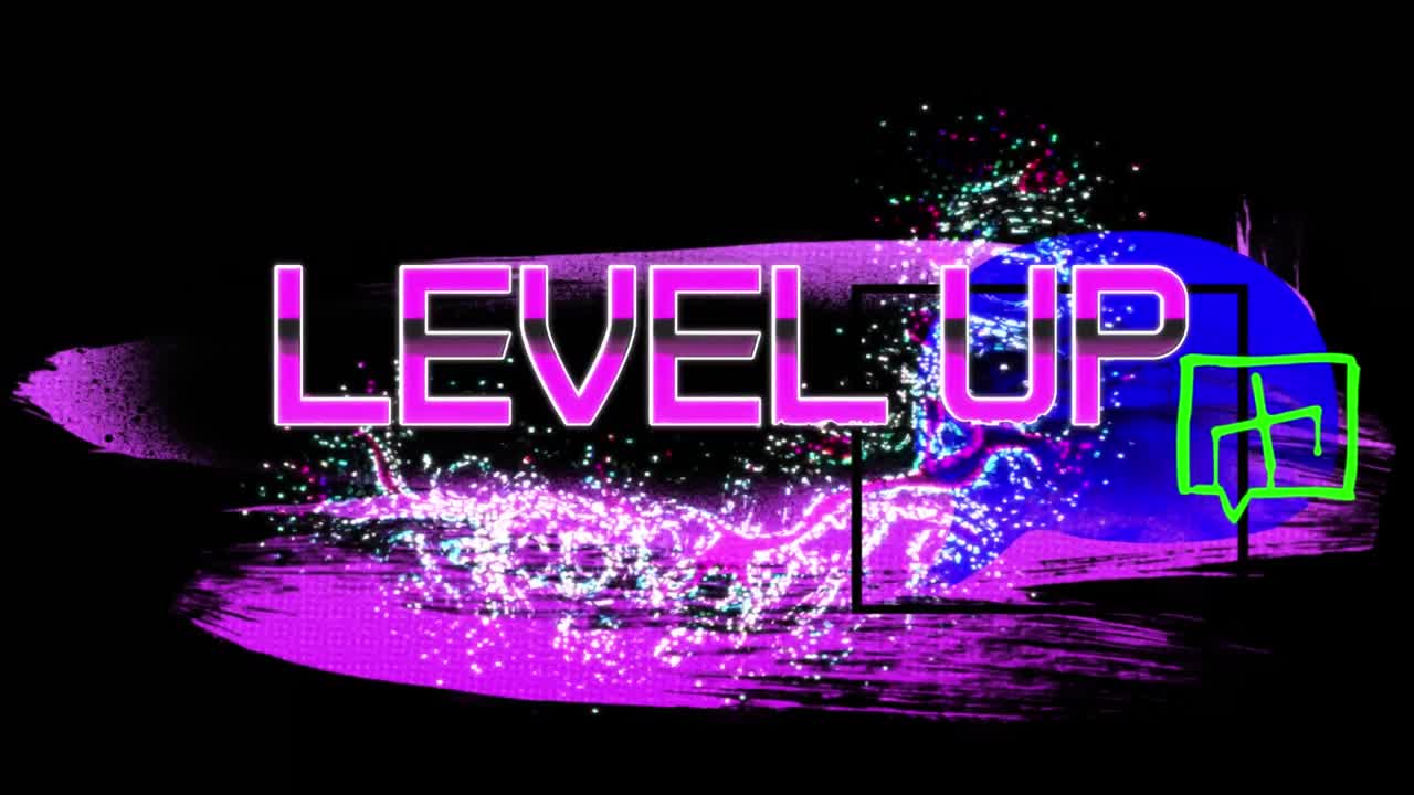 Animation of level up text over shapes on black background