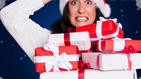 animation of surprised caucasian woman keeping presents wearing santa clothes over blue background