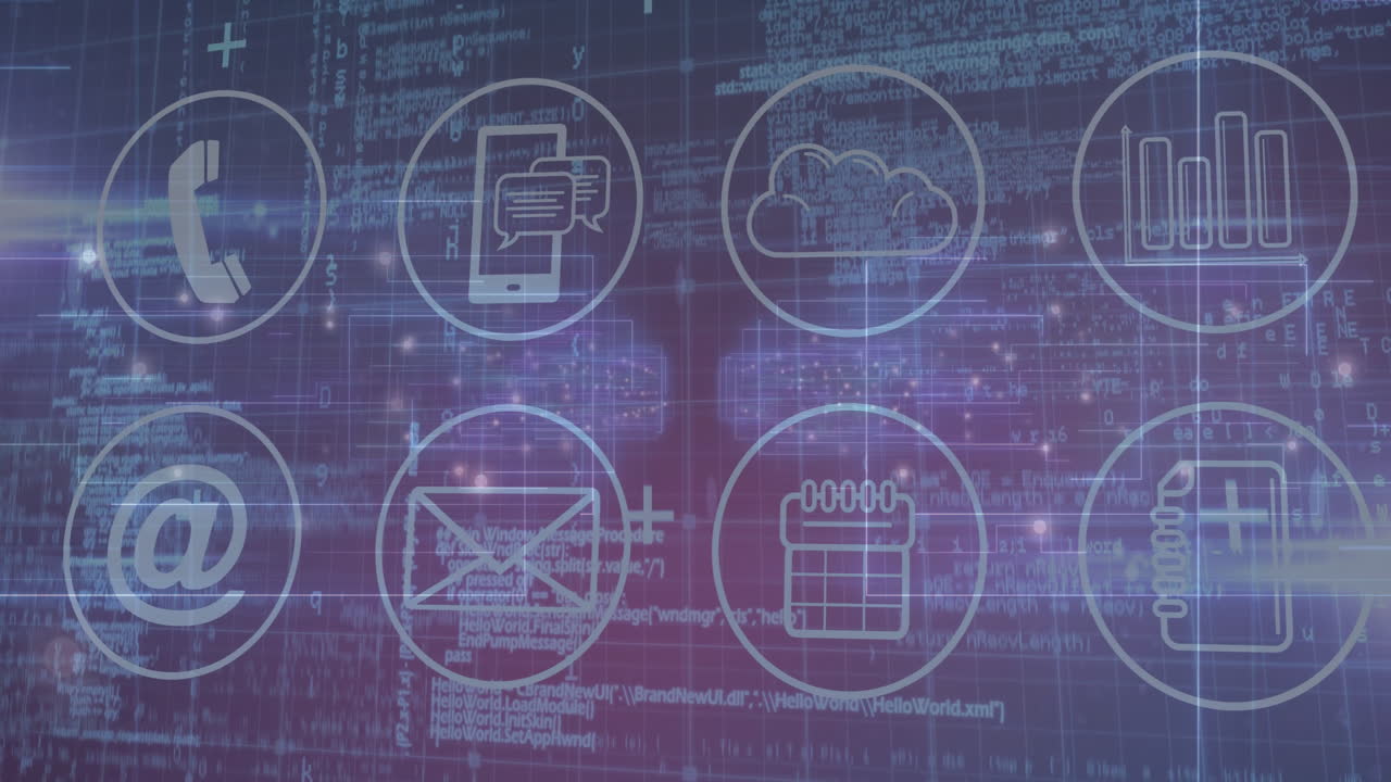 Animation of digital communication icons on blue and purple coding background
