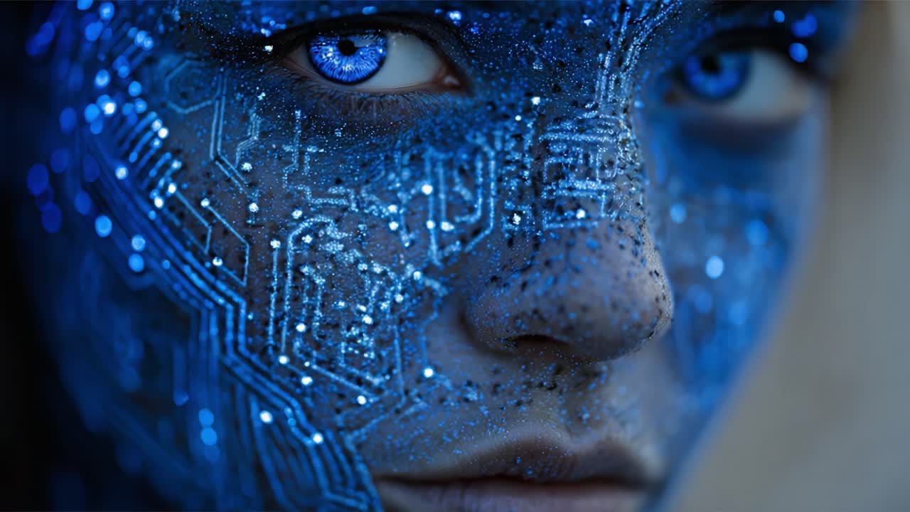 A mesmerizing portrait of a person adorned with intricate blue circuitry makeup, emphasizing the fusion of technology and human expression through striking features and vibrant colors