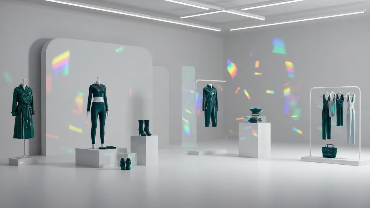 A Stylish Display of Modern Fashion in Vibrant Shades of Green, Featuring Elegant Garments and Accessories in a Contemporary Retail Environment