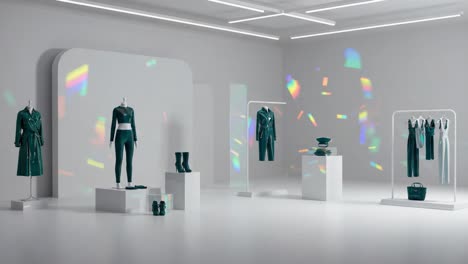 a stylish display of modern fashion in vibrant shades of green, featuring elegant garments and accessories in a contemporary retail environment