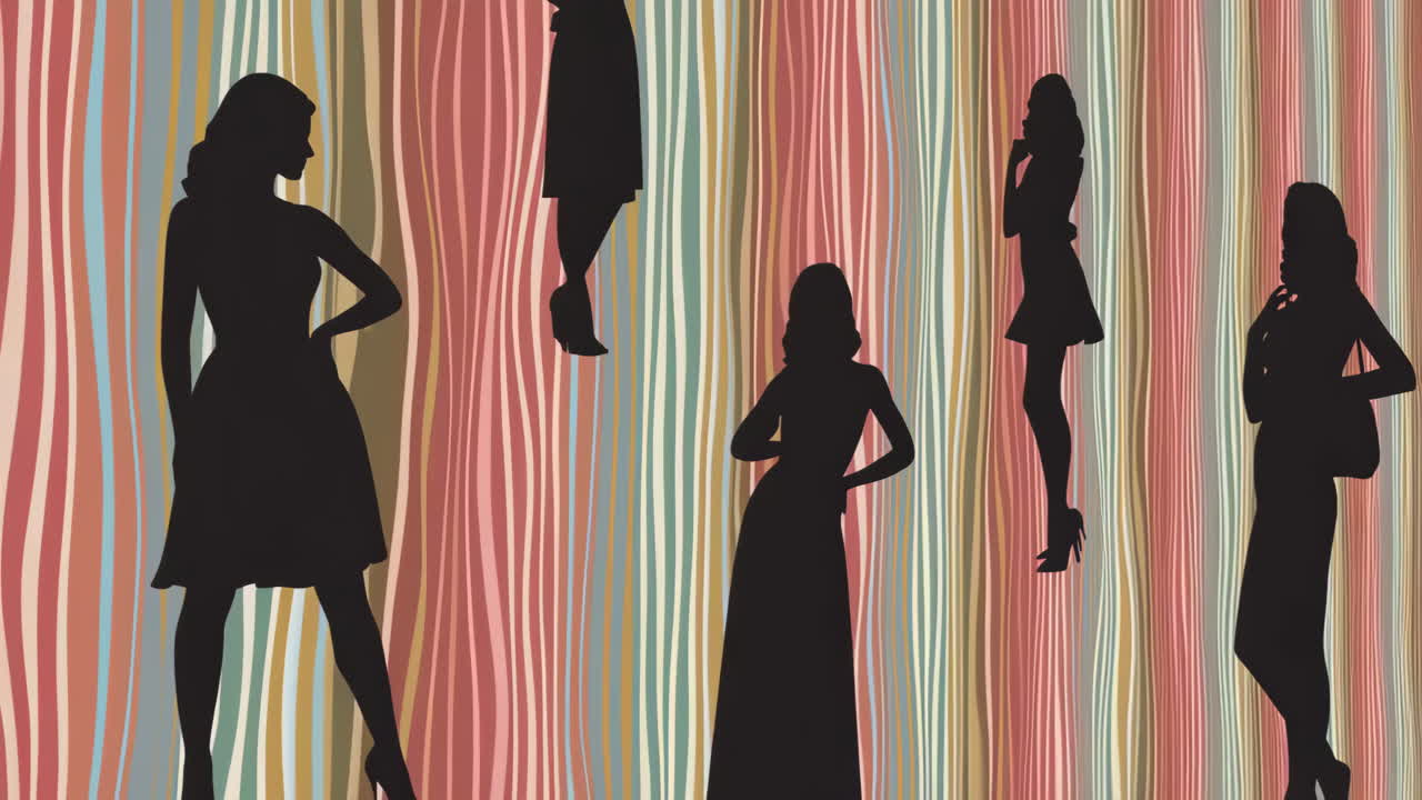 Fashionable Women Silhouettes on Retro Striped Background