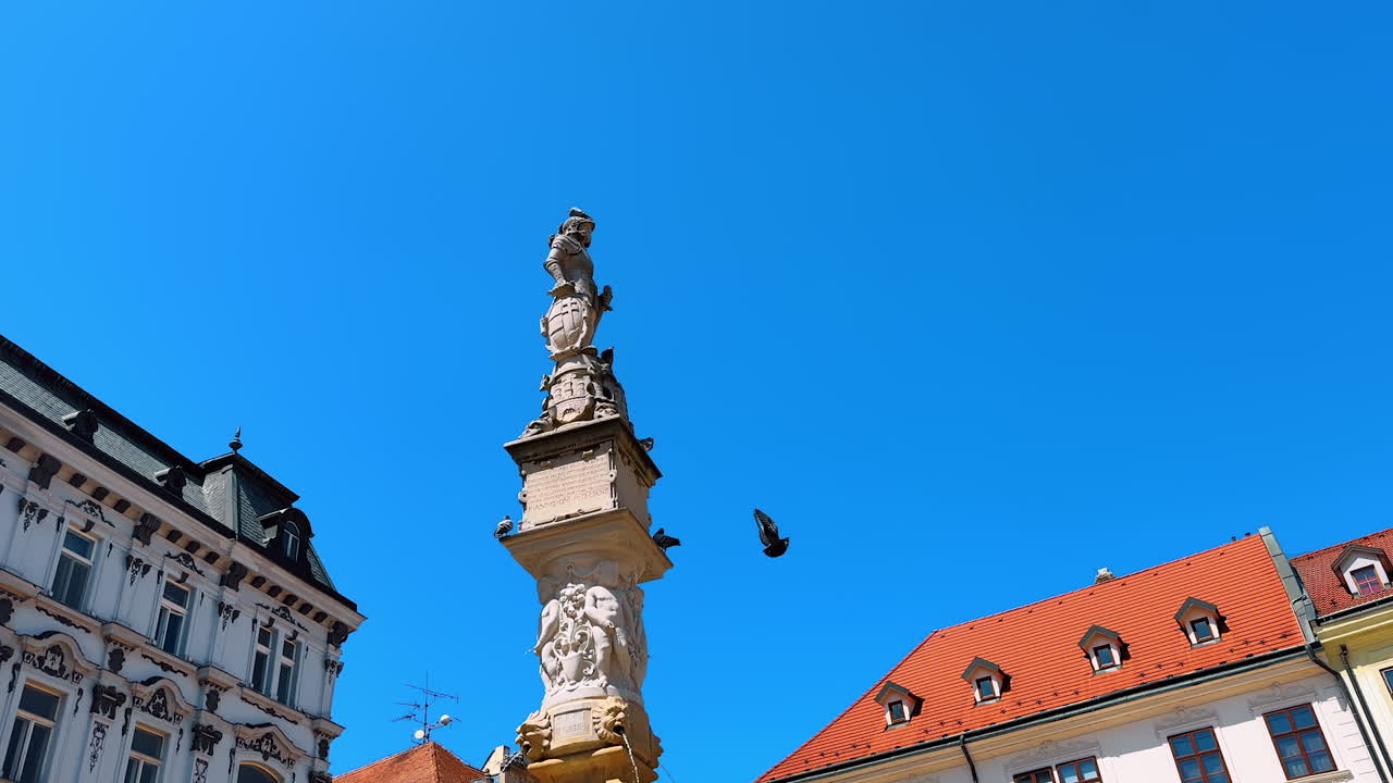 Birds sit down on the monument over the fountain. Low angle view. Stunning historical buildings at backdrop. Bratislava, Slovakia