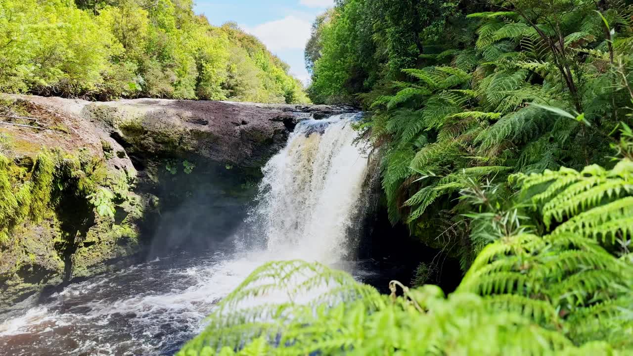 fotografía en cámara lenta de la cascada del río bravo a través de la exuberante vegetación en el parque tepuhueico, chile