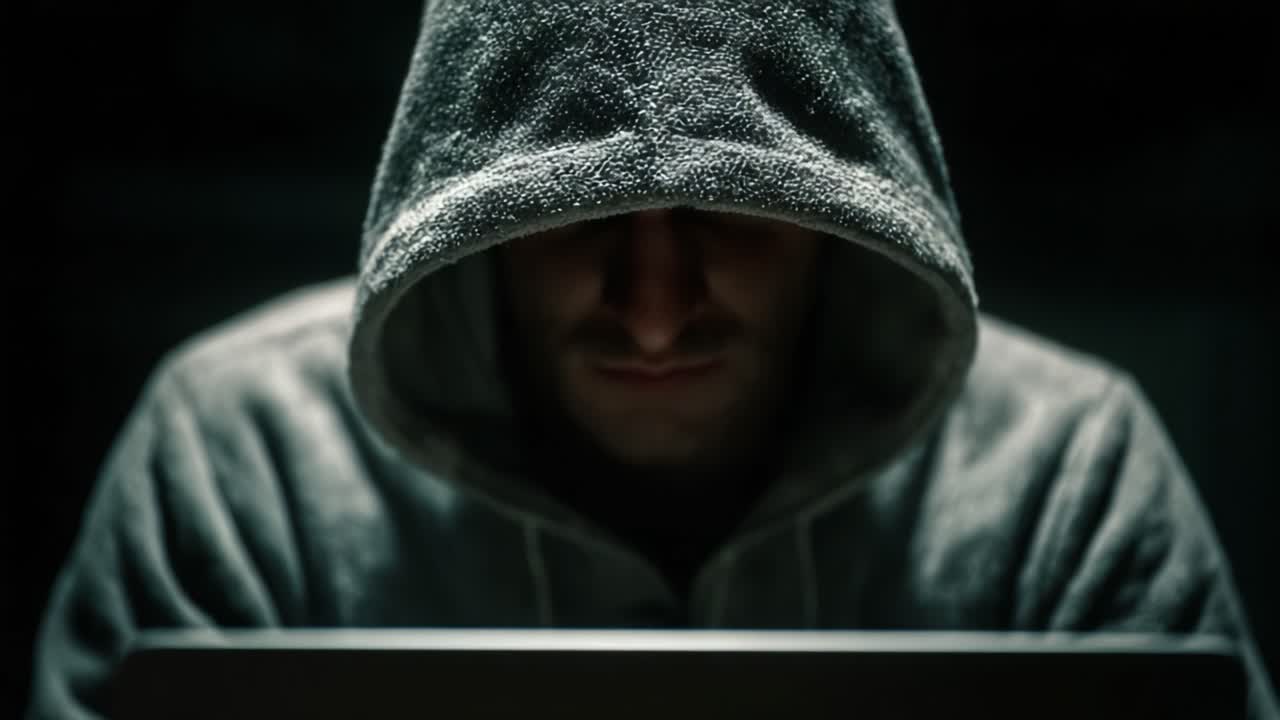 Mysterious Figure in a Hooded Sweatshirt Enigmatically Faces a Glowing Laptop Screen, Bathed in Shadows Amidst a Dark Environment, Suggesting Intrigue and Suspense