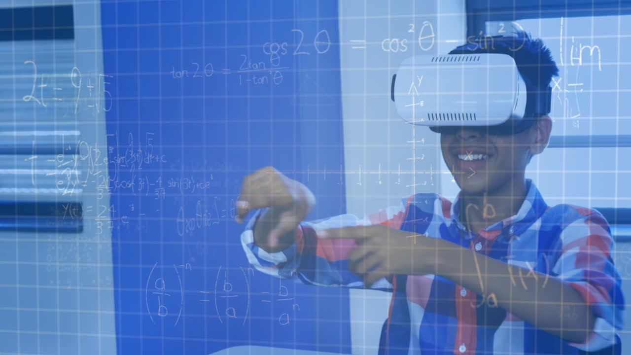 Animation af matematiske ligninger over skolebørn, der bruger VR-headset