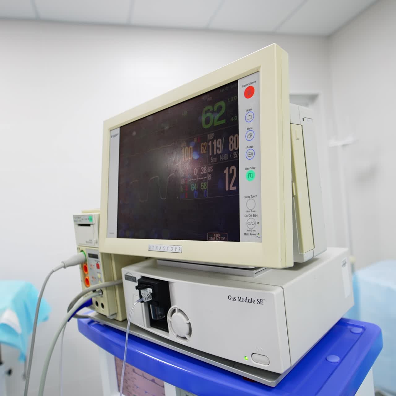 Modern technological equipment in operational theatre. Combination of apparatuses for conducting operation. Close up