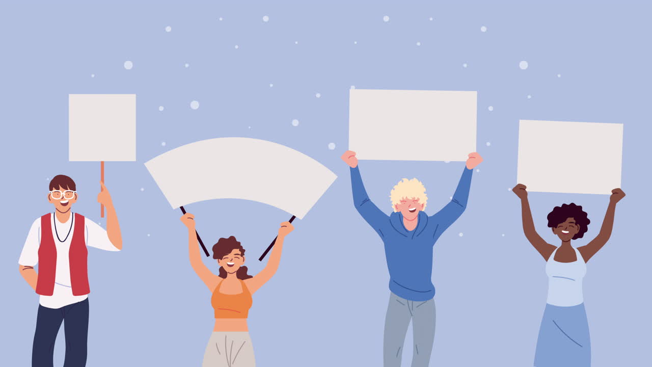 빈 시위 표지판을 들고 있는 다양한 그룹