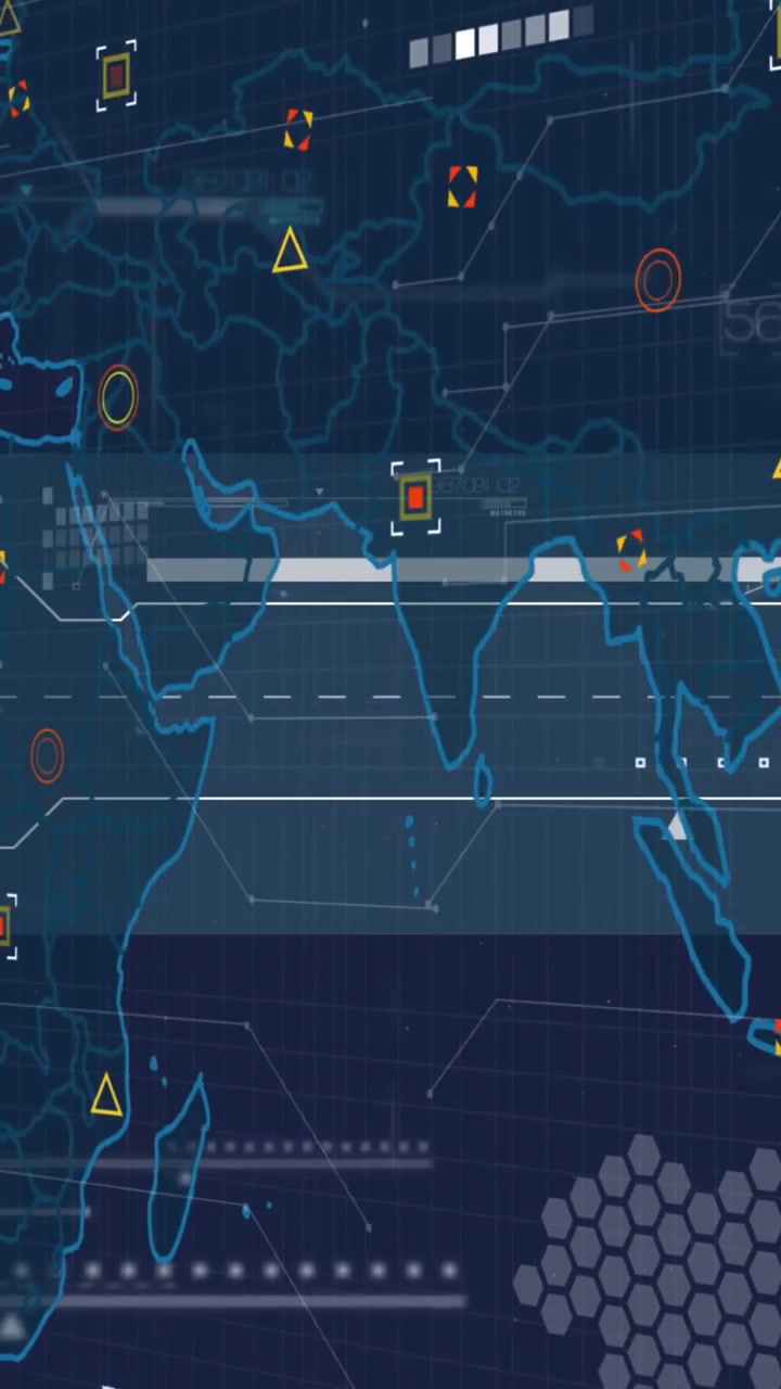 Animation of world map and data processing against blue background