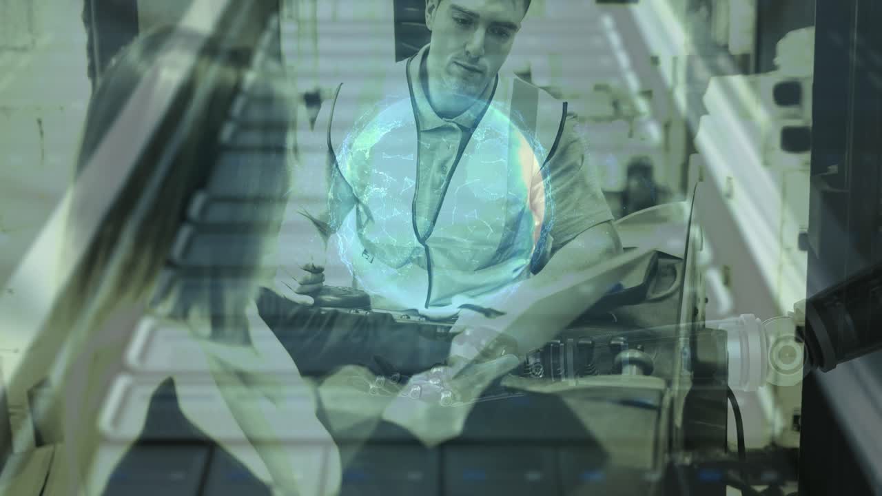 Warehouse Composition Two persons in the warehouse combined with animation of a robot and