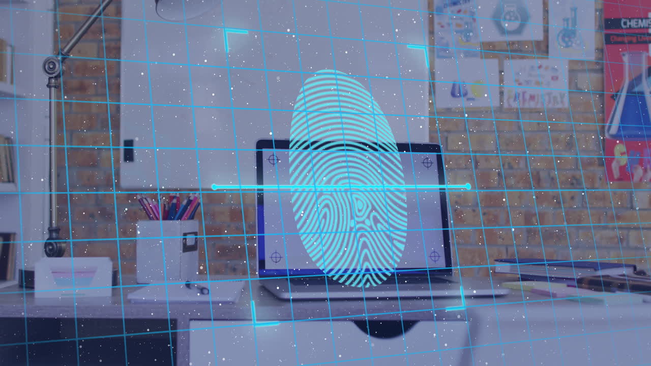 Animation of data processing with biometric fingerprint and padlocks over laptop