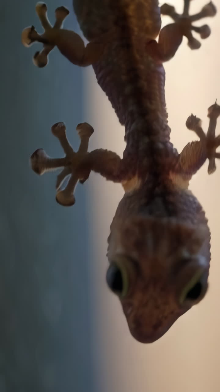 Close-up view of a gecko climbing on glass
