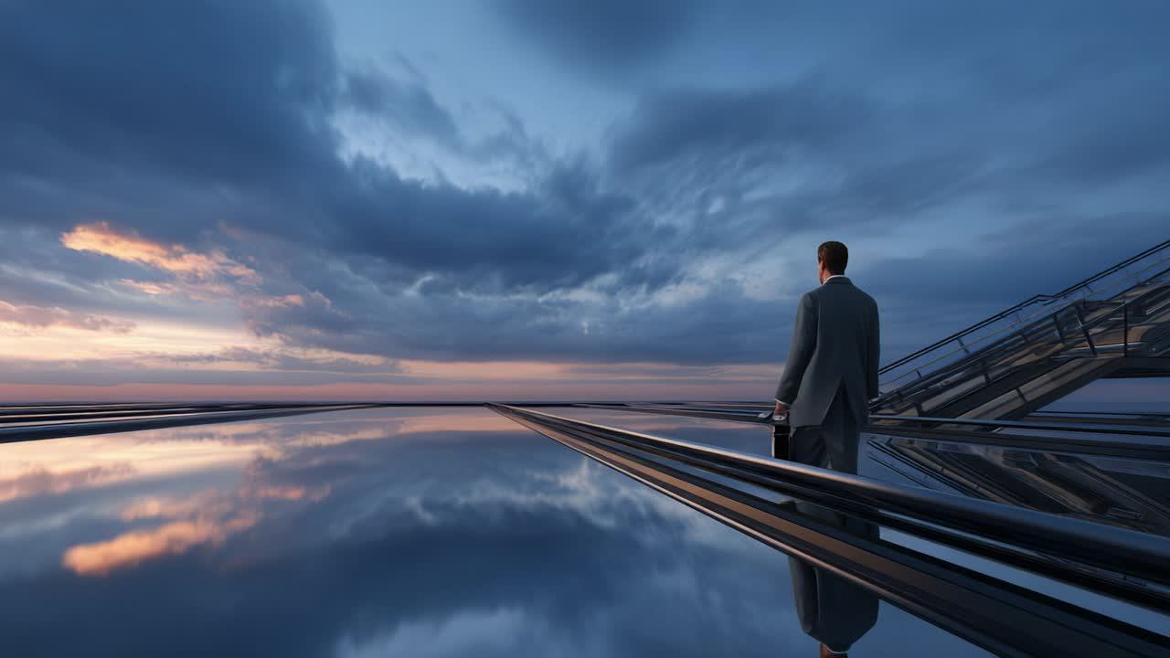 A businessman walking towards the future under a dramatic sky