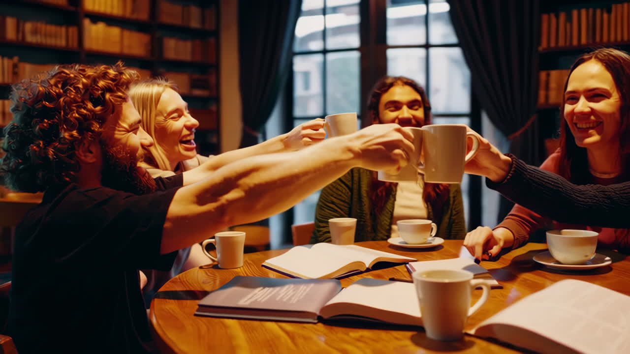 Students Studying and Celebrating in a Library Cafe