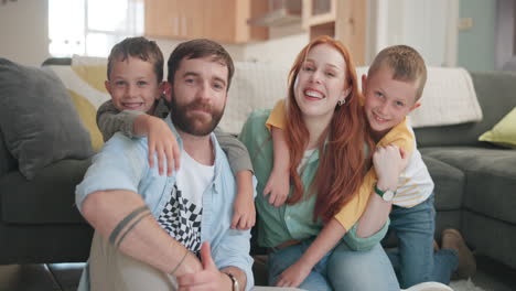 parents, children and living room floor with face