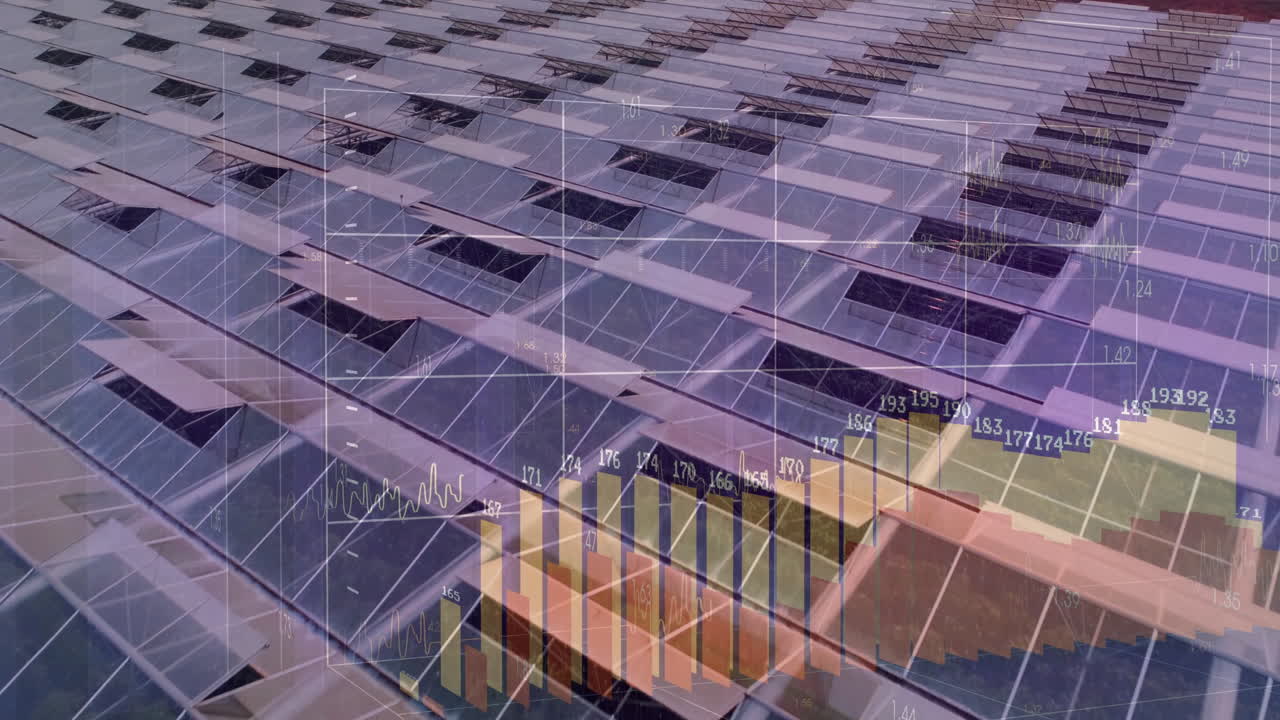 Animation of energy statistics overlay on solar panels with financial data graph