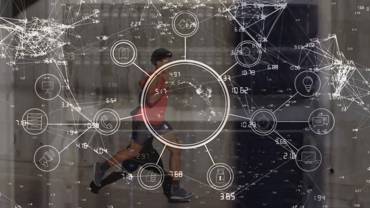 Animation of network of connections and digital icons over african american fit man running