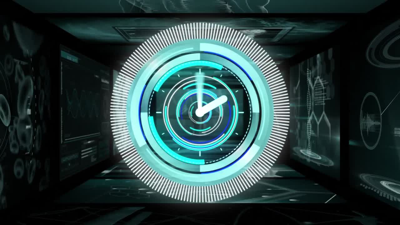 Animation of scope scanning with clock over moving screens with data processing on black background