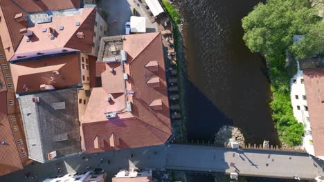 Gorgeous-aerial-top-view-flight-Krumlov-river-in-czech-republic-Cesky-in-Europe,-summer-of-2023