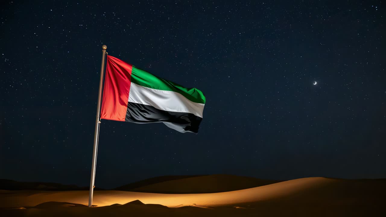 Waving UAE flag on metal pole fluttering in desert night as gentle breeze moving fabric, spotlight