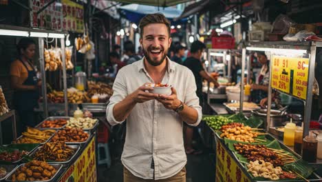 enjoying vibrant street food: a joyful moment in a bustling market with delicious dishes surrounding a happy customer holding a bowl of food