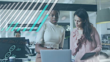 discussing project, two women in office with calendar animation over them