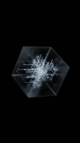 un elegante y transparente cubo geométrico representado sobre un sofisticado fondo negro con alfa