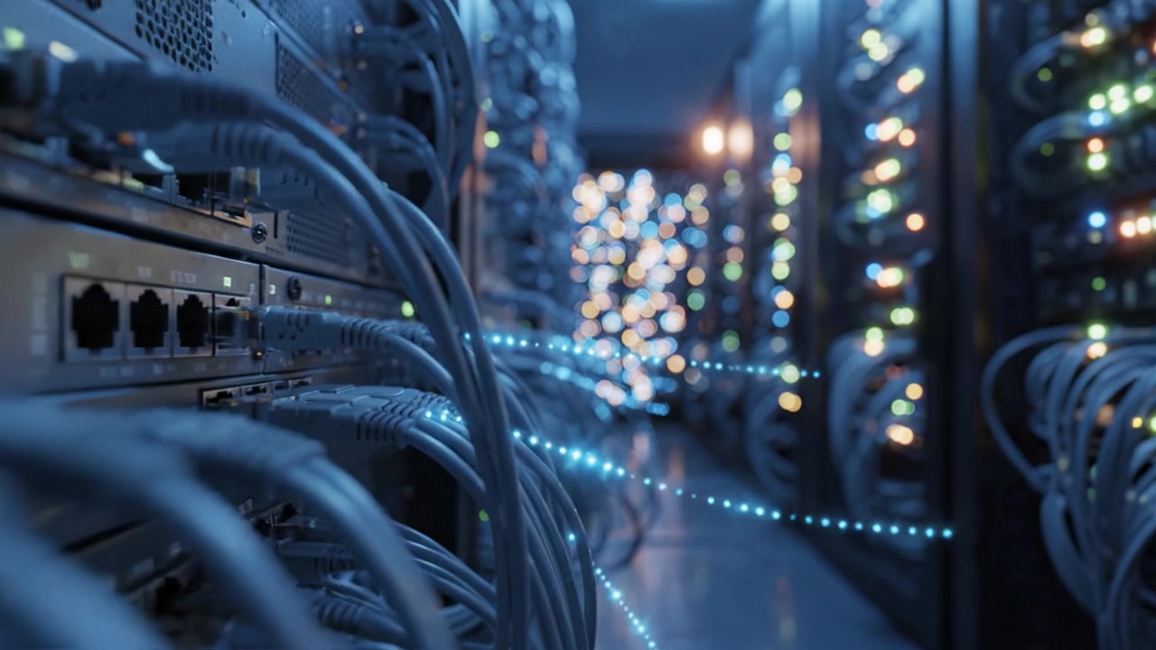 A Captivating Glimpse into the Heart of a Server Room Filled with Complex Cabling and Gleaming LED Indicators, Showcasing Modern Data Processing Technologies