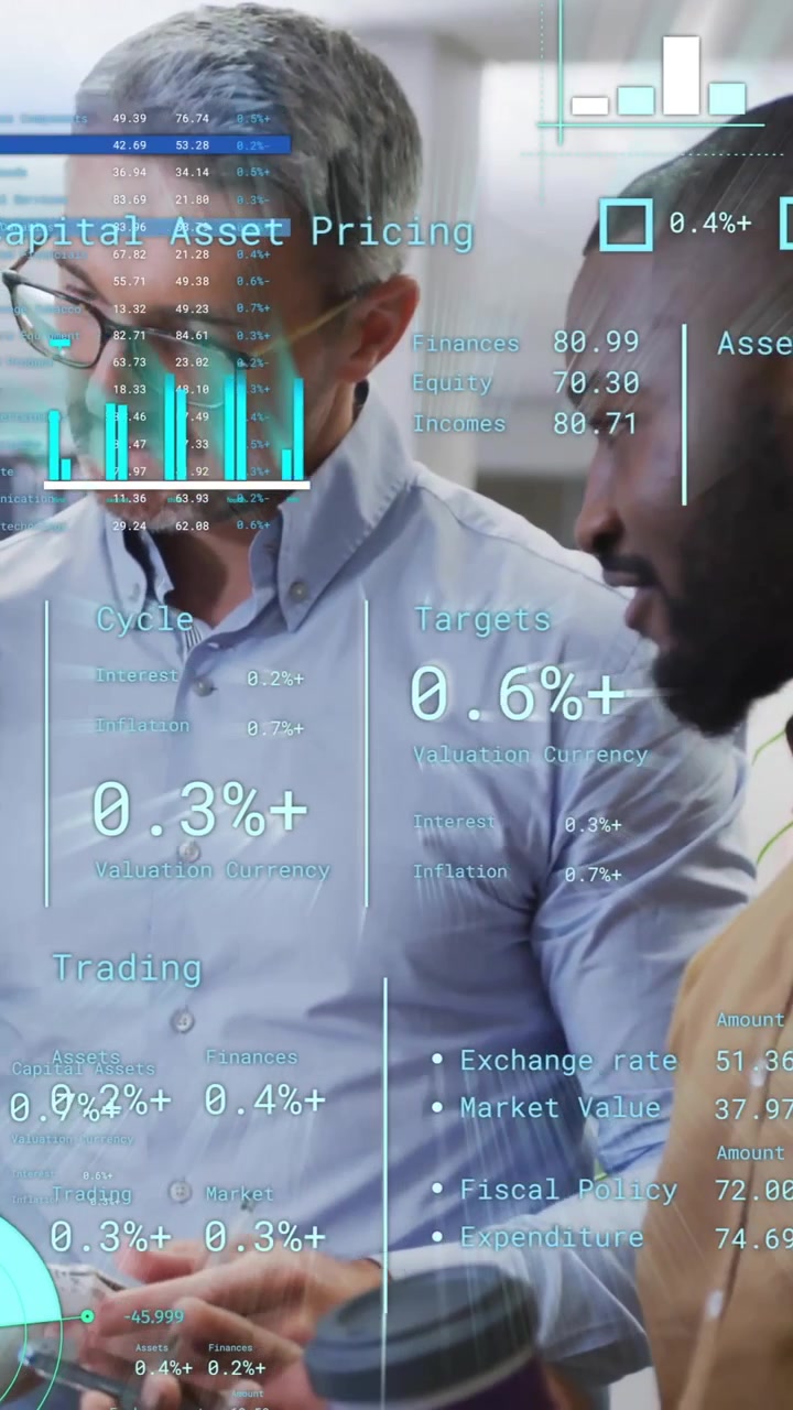 Animation of financial data processing over diverse business people in office