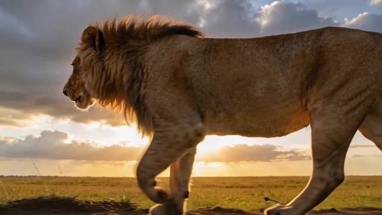 Leone maschio adulto che cammina attraverso la savana aperta al tramonto, sollevando polvere e con la criniera in controluce.