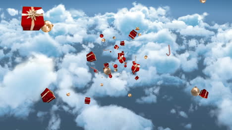 animación de regalos que caen y bastones de caramelo sobre el cielo nublado