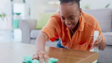 spray, cleaning table and black woman in home