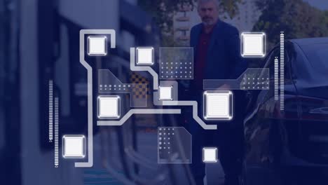 animación de la red y el procesamiento de datos sobre el hombre estacionando el coche eléctrico híbrido en el punto de carga