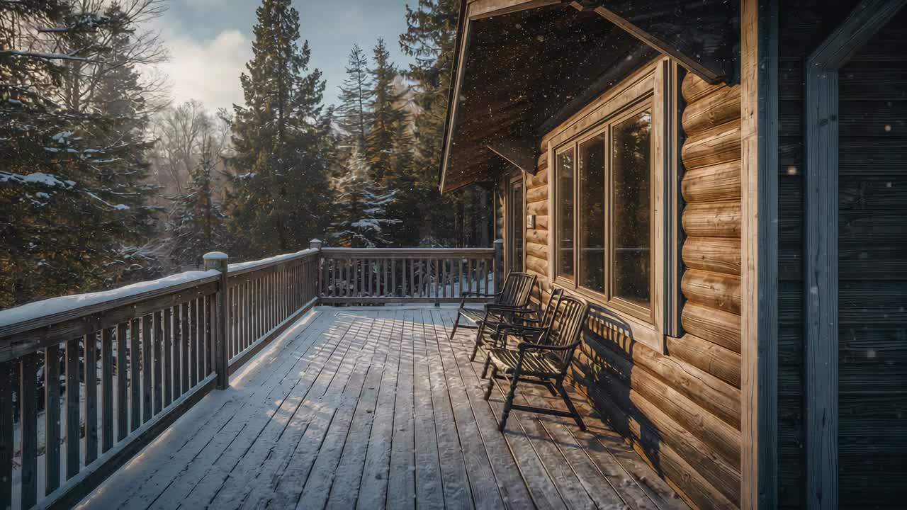 Shifting sunlight casting long shadows across snow-dusted cabin deck by pine forest with 3 chairs
