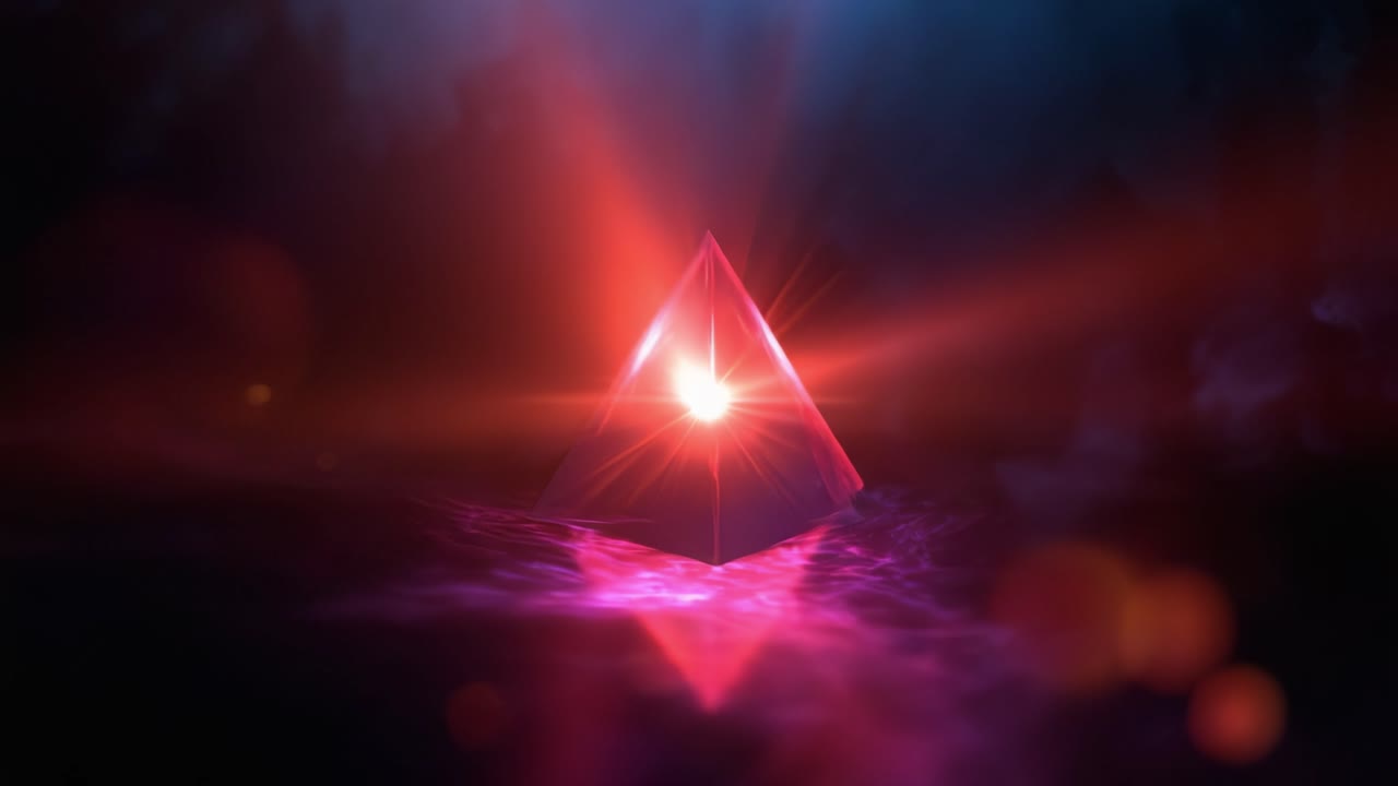Una straordinaria immagine di rifrazione della luce: una piramide scintillante circondata da un'atmosfera mistica e colori accattivanti di luce e riflesso