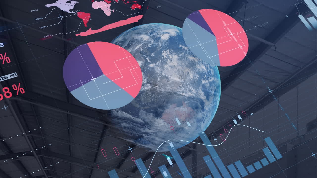 Animation of globe and statistics processing and warehouse