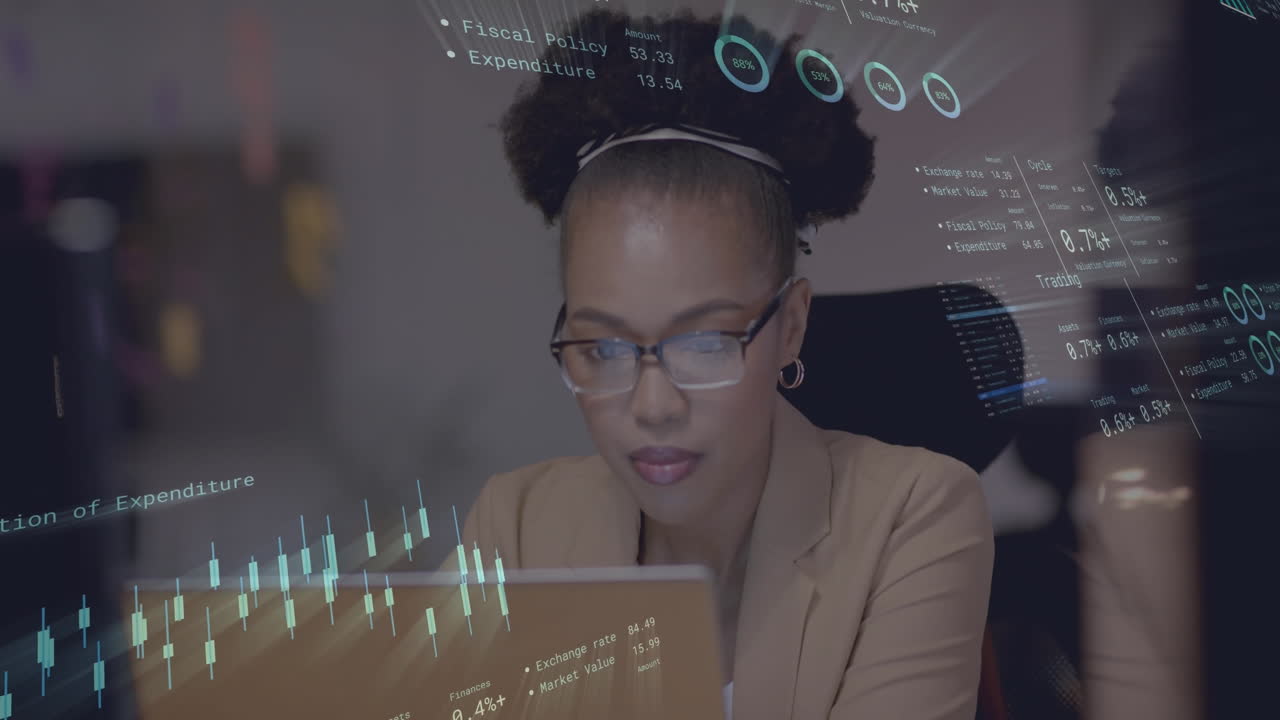 Animation of financial data processing over african american businesswoman in office