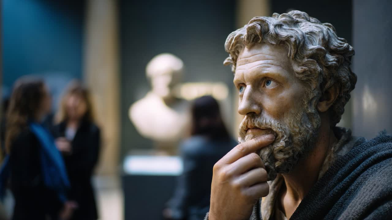 Riflesso di una scultura meditativa in un museo con visitatori che osservano opere d'arte sullo sfondo, mostrando un ritratto dettagliato di una figura di filosofo stoico