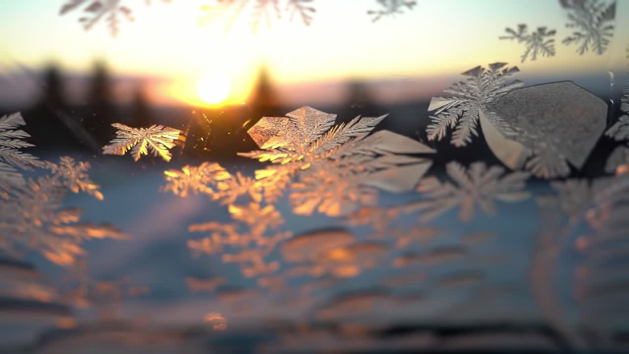 Delicate frost forms intricate patterns on the window while a stunning sunset casts warm hues across the winter landscape, creating a magical atmosphere.