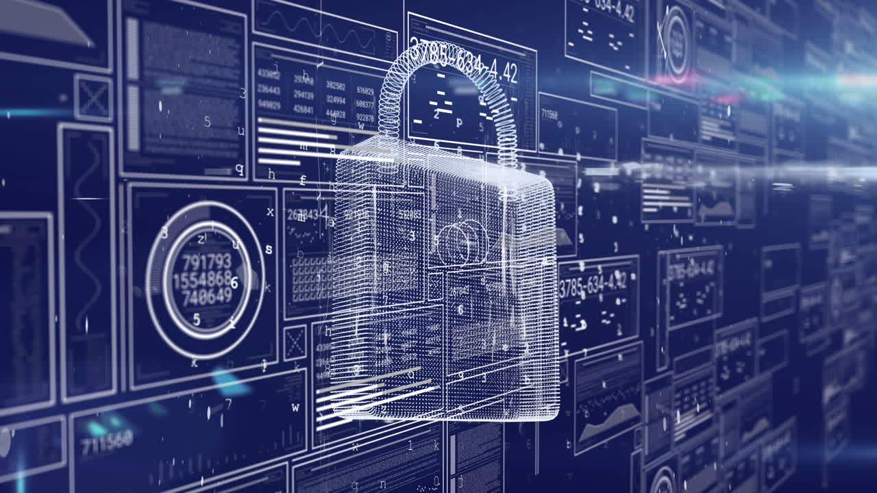 animación de interfaces con procesamiento de datos sobre el icono de candado de seguridad contra fondo azul