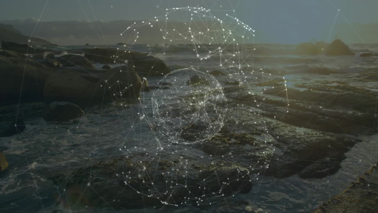 Warm light initiating translucent network sphere rotating and visualizing data flow over rocks