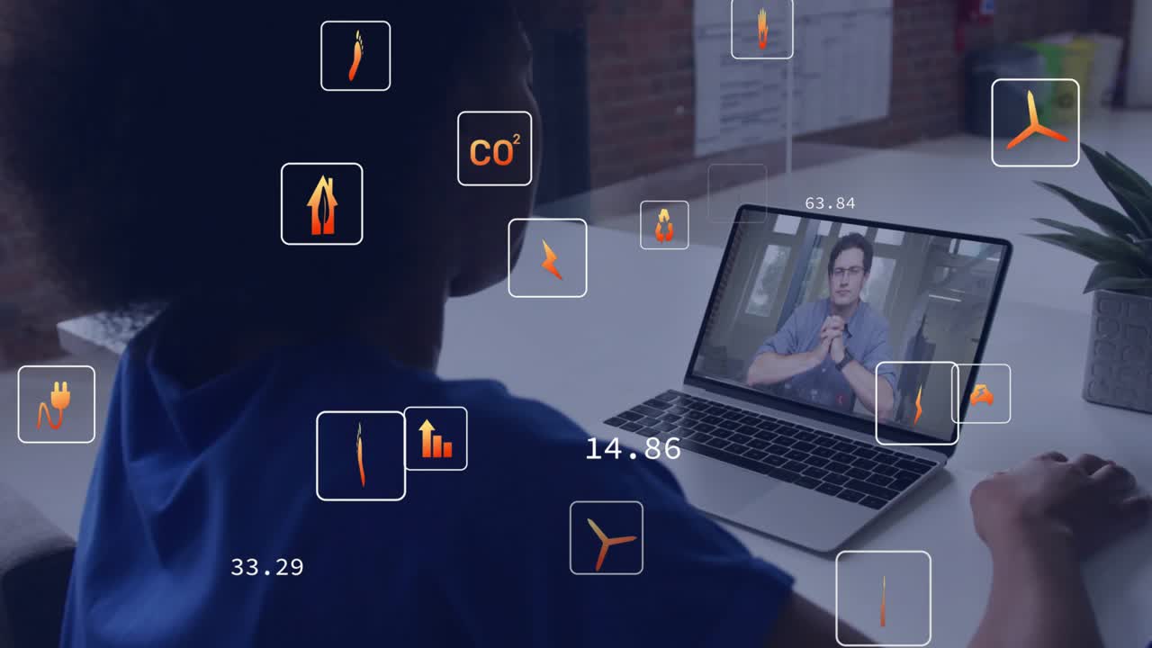 woman viewing laptop as presenter activating animated carbon energy icons displaying metrics