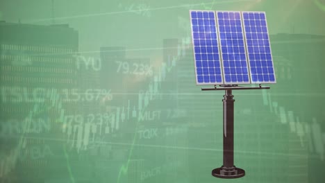 Animation-Der-Finanzdatenverarbeitung-über-Solarpanel-Auf-Grünem-Hintergrund