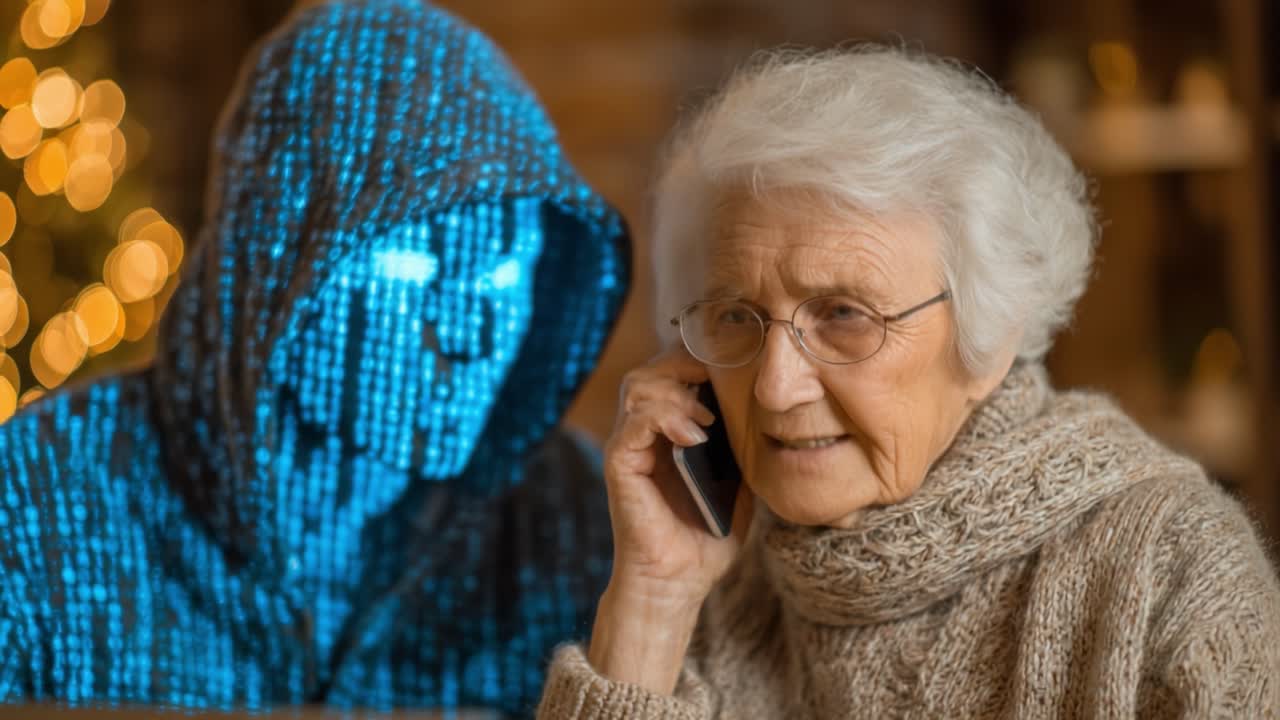 Iäkäs nainen puhelinkeskustelussa salaperäisen digitaalisen läsnäolon kanssa, korostaen teknologian, yhteyden ja haavoittuvuuden teemoja.