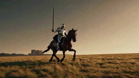 medieval knight on horseback at sunset