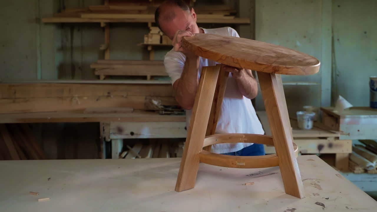 Woodworker Assembling a Wooden Stool in a Workshop