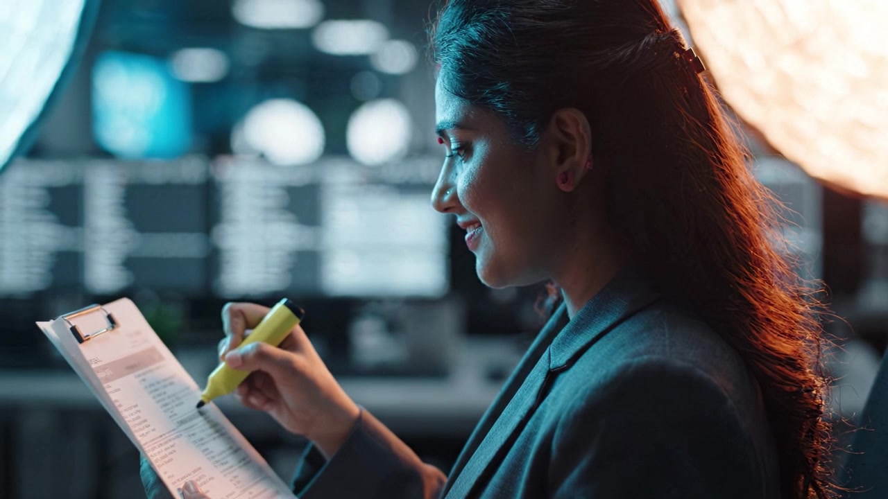 Focused Professional Reviewing Notes with a Highlighting Marker in a Modern Office Environment Surrounded by Technology and Screens