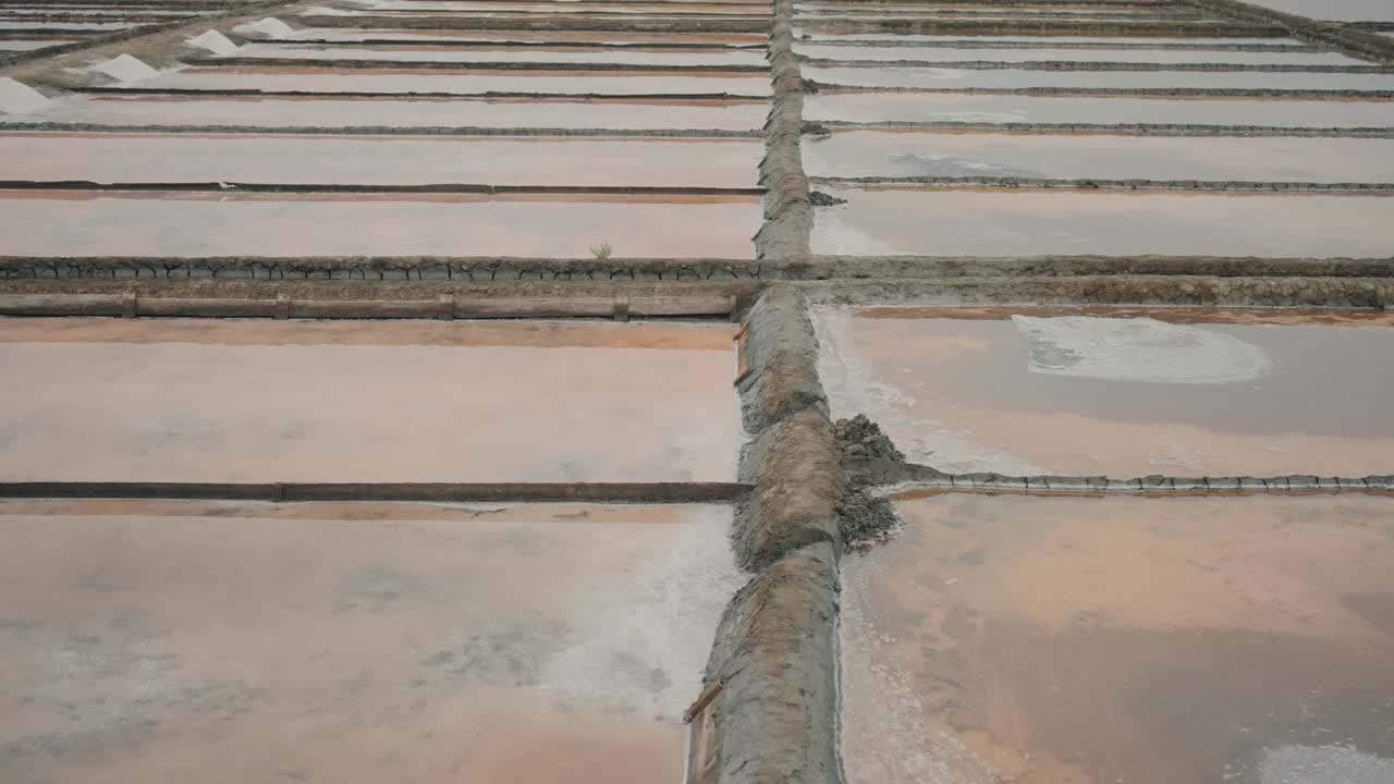 분홍색 물과 갈라진 진흙 구획을 보여주는 아베이루 소금 연못의 모습
