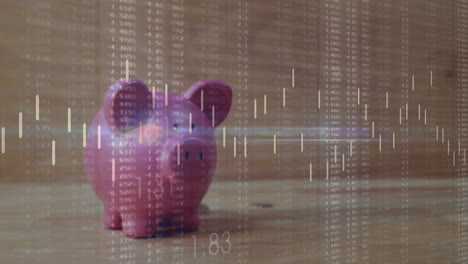 animación del procesamiento de datos financieros sobre monedas y alcancía